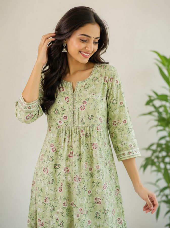 Seller wearing printed ethnic wear
