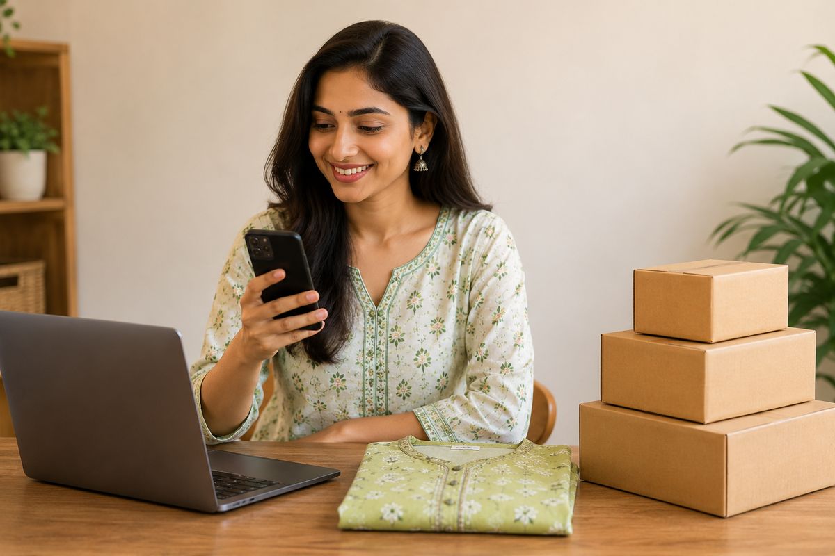 Seller checking orders on her phone