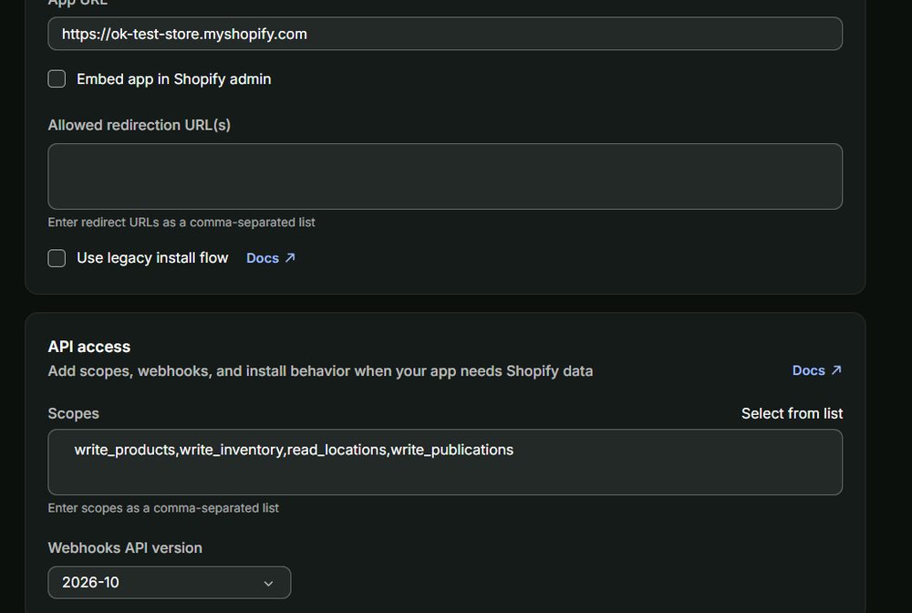 App URL, embed switched off, and scopes pasted