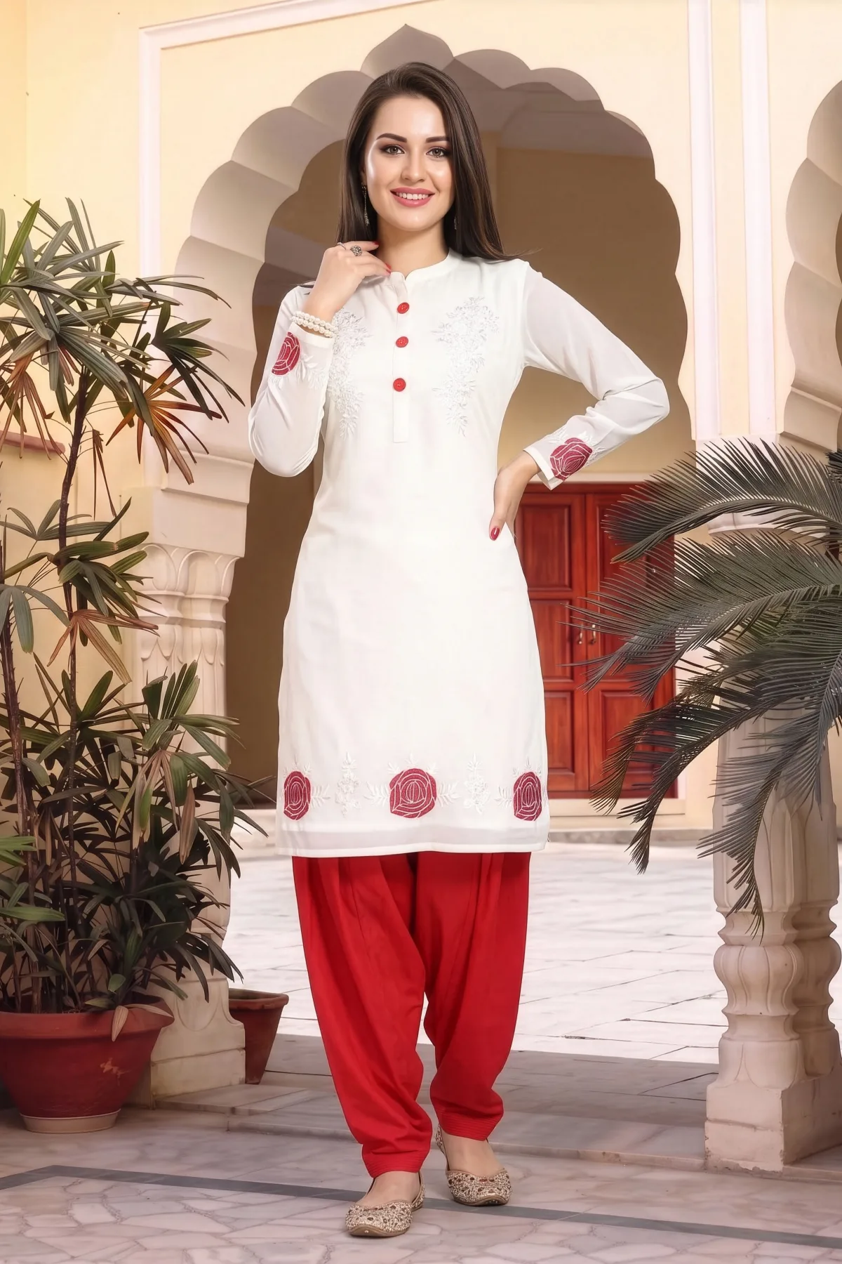 Cream Fine Georgette Short Tunic with Machine Embroidery