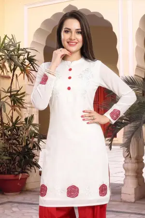Cream Fine Georgette Short Tunic with Machine Embroidery - photo 3