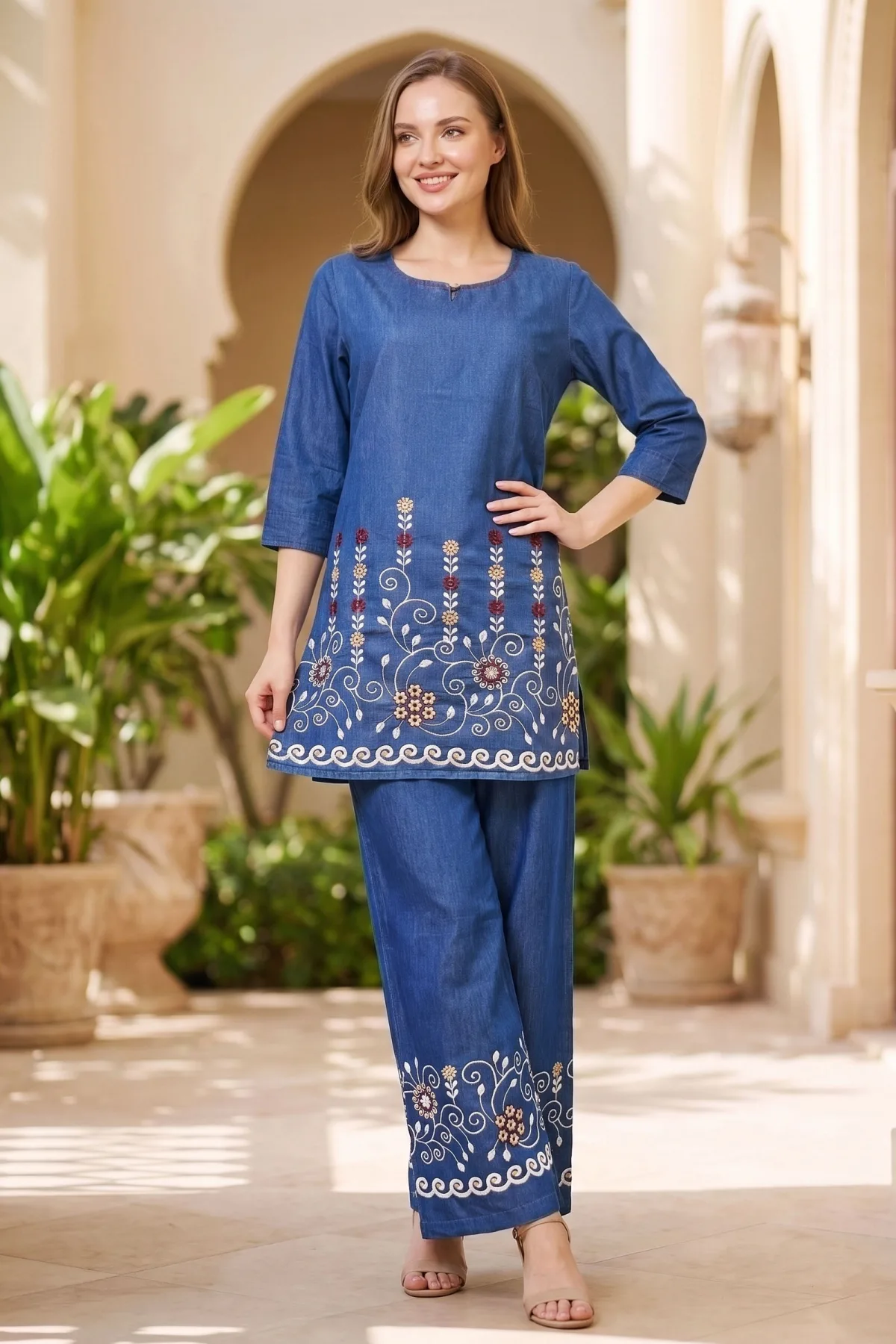 Indigo Denim Kurta Palazzo Set with Floral Thread Embroidery