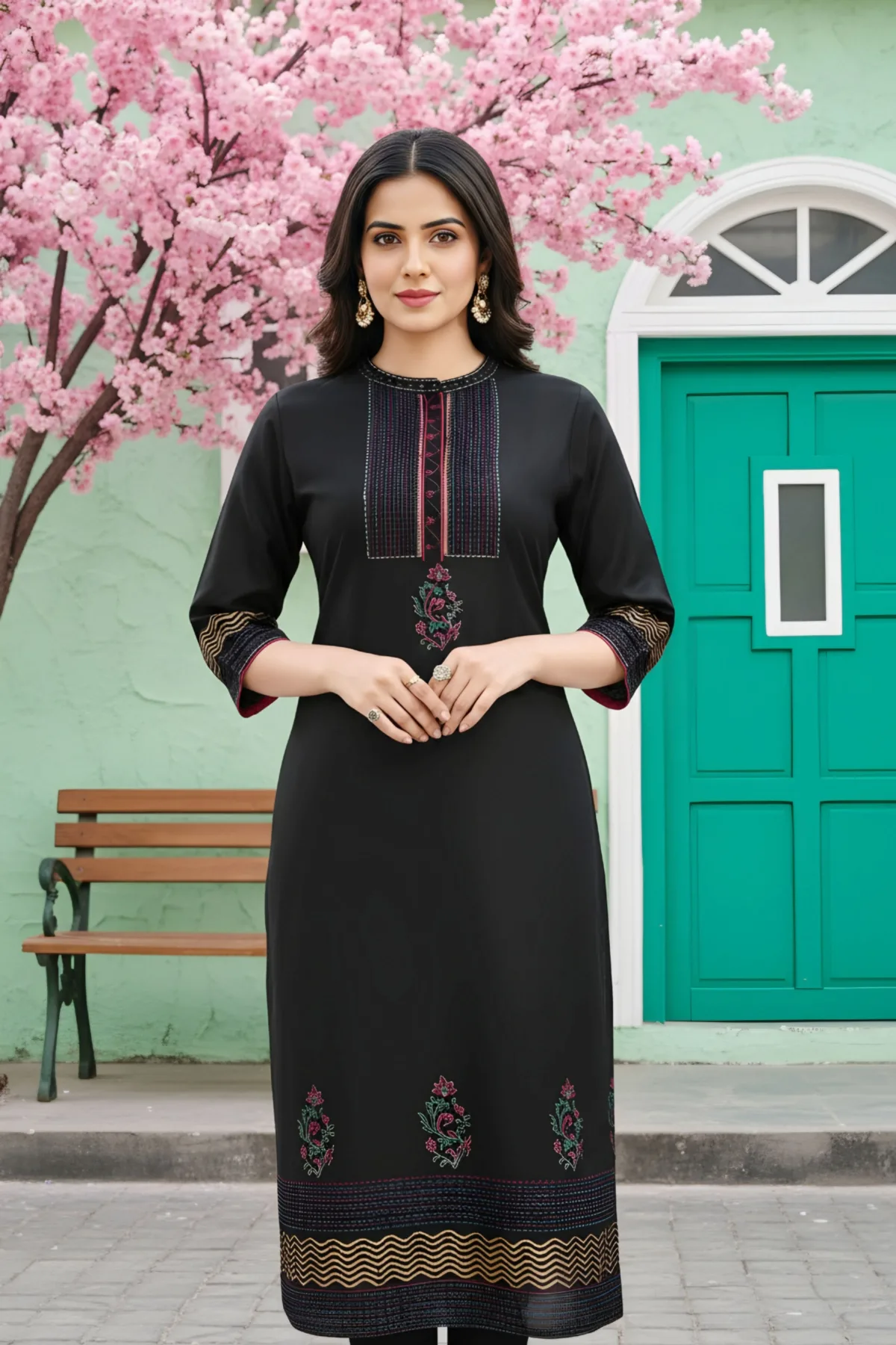Black Cotton Silk Hand Block Print Long Kurta