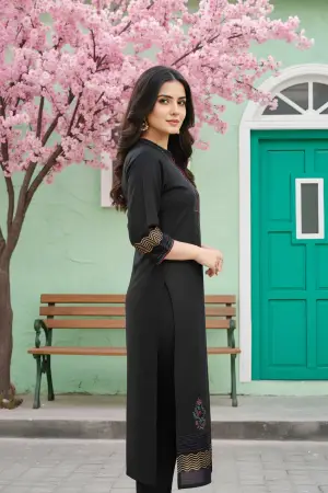Black Cotton Silk Hand Block Print Long Kurta - photo 2