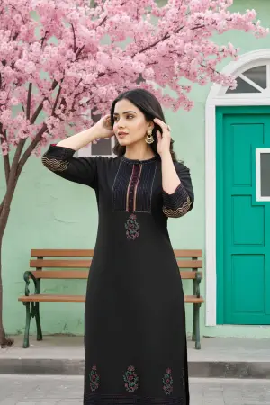 Black Cotton Silk Hand Block Print Long Kurta - photo 3