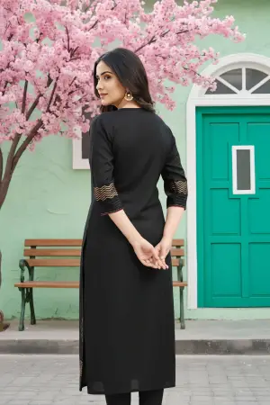 Black Cotton Silk Hand Block Print Long Kurta - photo 4