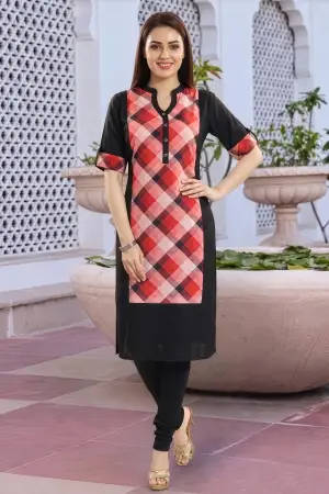 Black Rayon Long Kurti with Geometric Print Patch - photo 1