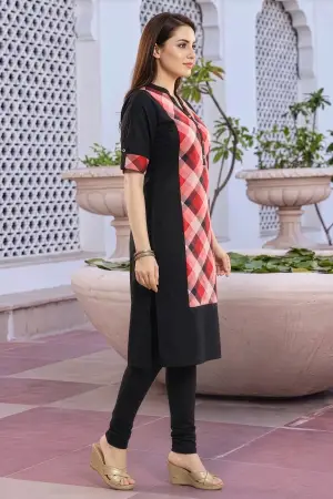 Black Rayon Long Kurti with Geometric Print Patch - photo 2