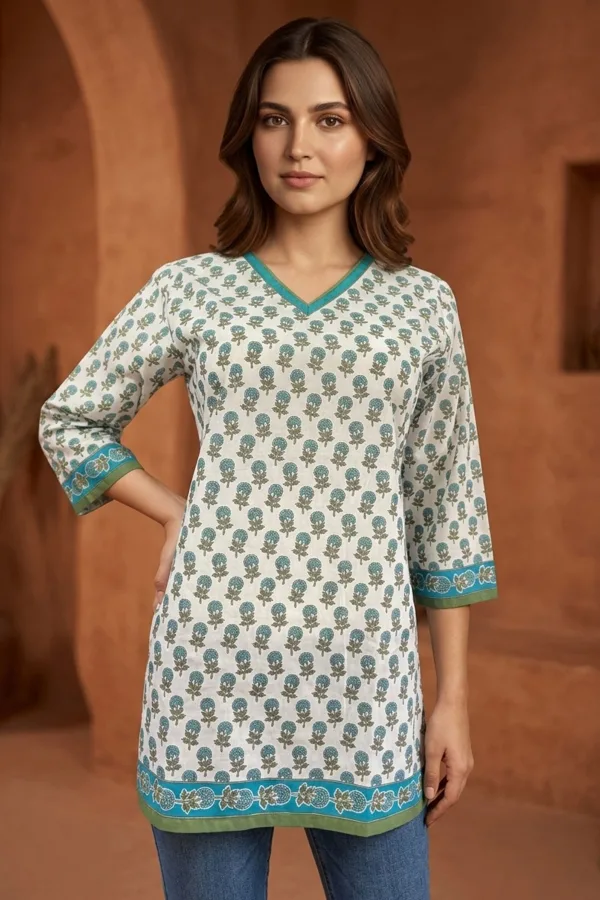 Jaipuri Printed Cotton Short Kurti with V Neck