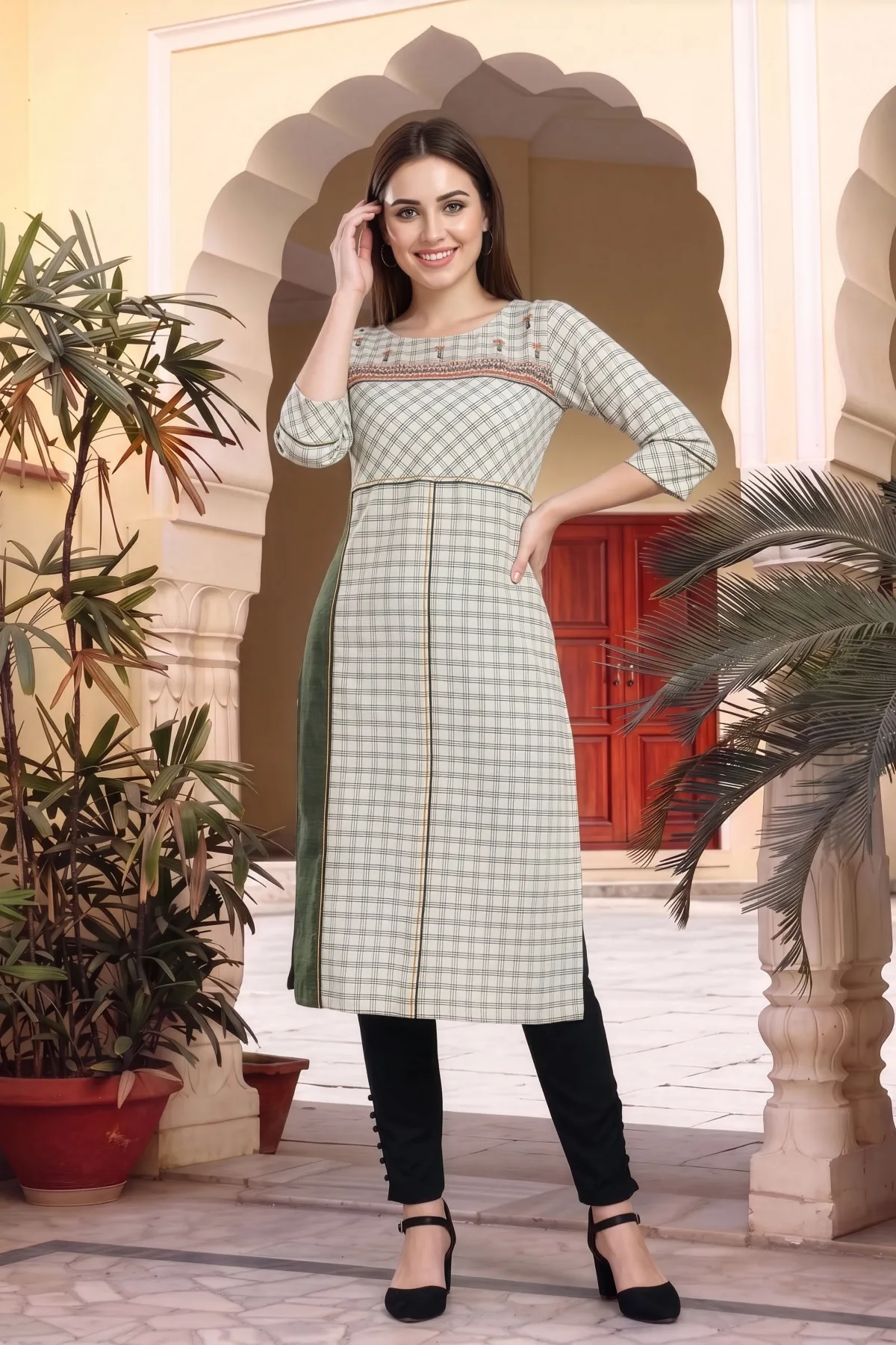 Beige Cotton Checks Designer Kurti with Embroidery