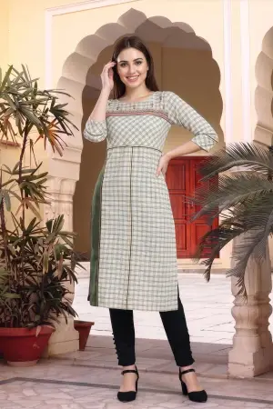 Beige Cotton Checks Designer Kurti with Embroidery - photo 1