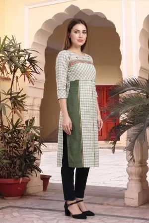 Beige Cotton Checks Designer Kurti with Embroidery - photo 2