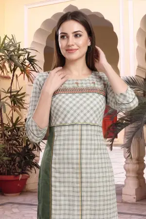 Beige Cotton Checks Designer Kurti with Embroidery - photo 3