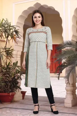 Beige Cotton Checks Designer Kurti with Embroidery - photo 6