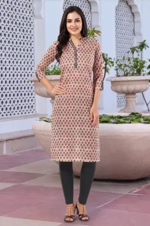 Beige Cotton Printed Long Kurti for Work Wear - photo 1