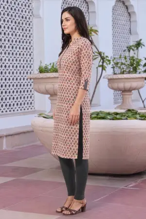 Beige Cotton Printed Long Kurti for Work Wear - photo 2