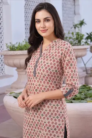 Beige Cotton Printed Long Kurti for Work Wear - photo 5