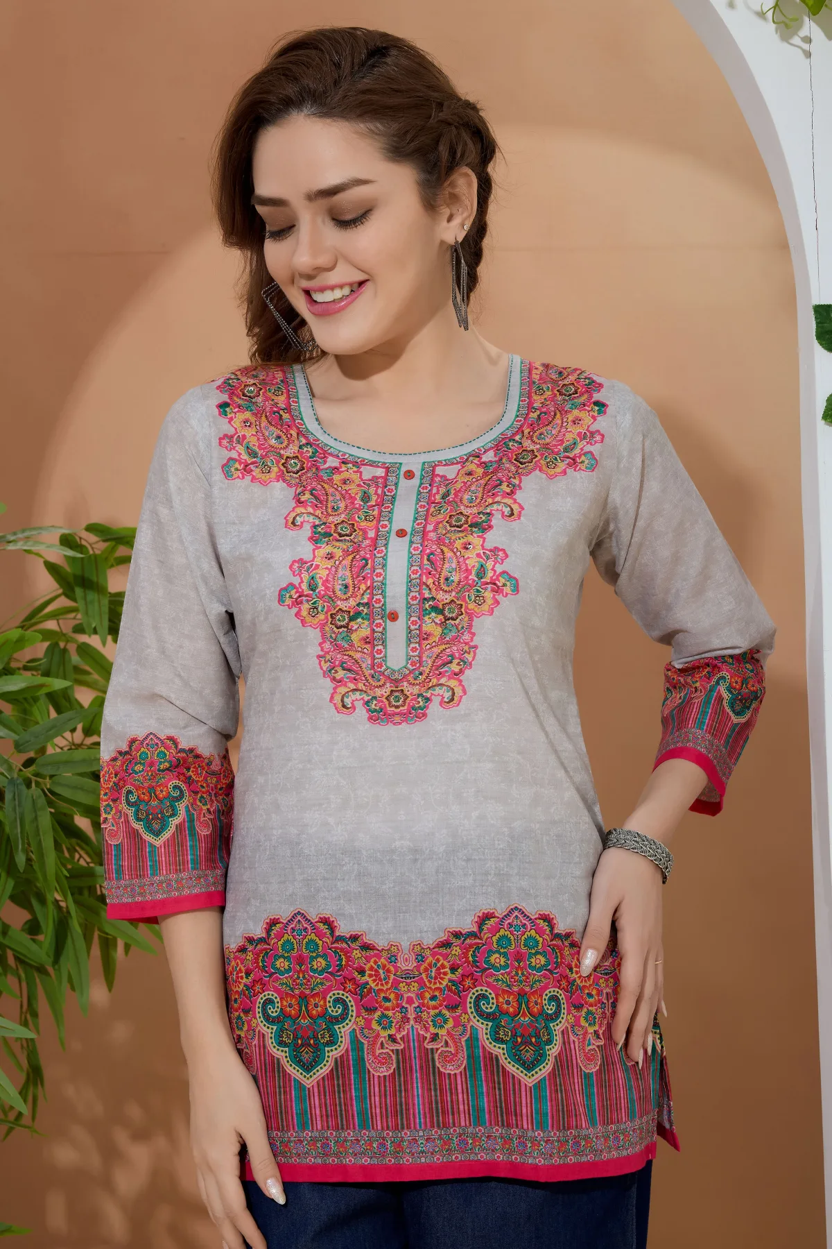 Beige Ethnic Print Cotton Round Neck Short Kurti