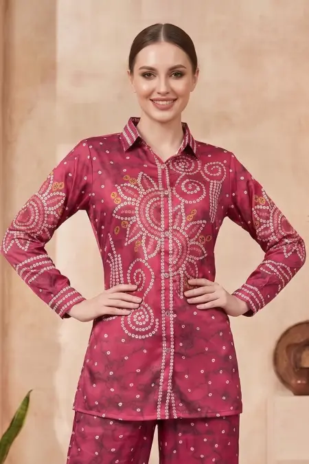 Berry Pink Modal Silk Bandhani Print Shirt with Collar