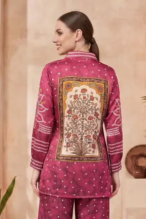 Berry Pink Modal Silk Bandhani Print Shirt with Collar - photo 2