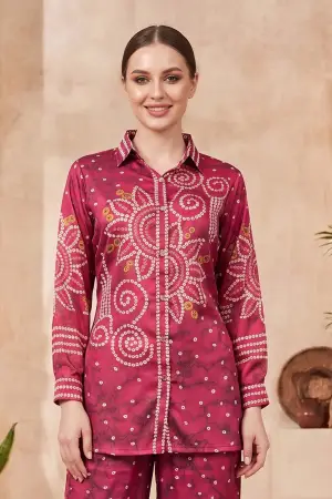 Berry Pink Modal Silk Bandhani Print Shirt with Collar - photo 4