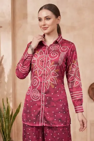 Berry Pink Modal Silk Bandhani Print Shirt with Collar - photo 5