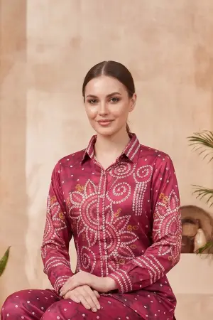 Berry Pink Modal Silk Bandhani Print Shirt with Collar - photo 6