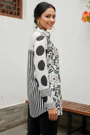 Black and White Azrakh Print Modal Shirt Style Kurti - photo 2