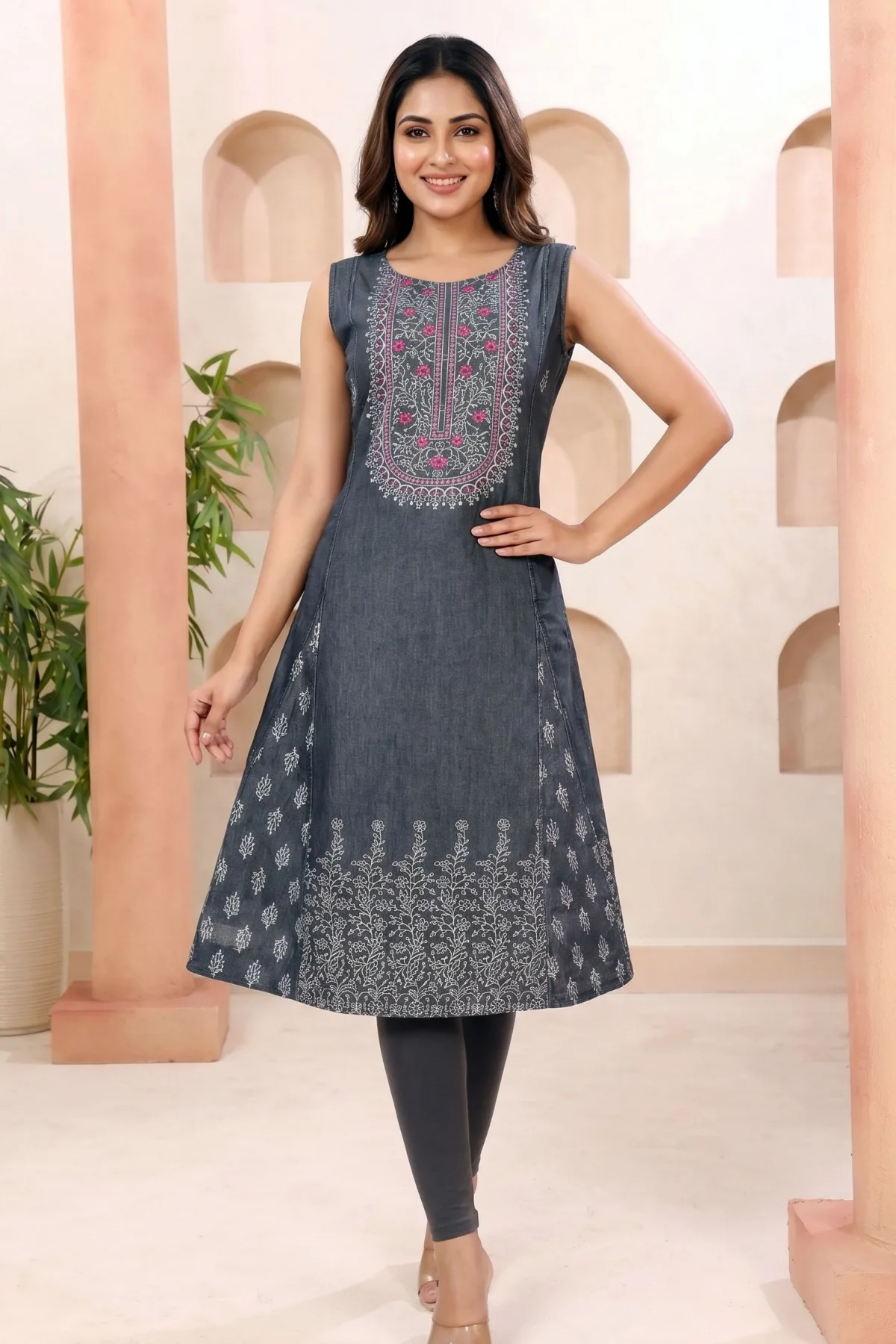 Black Denim Sleeveless Flared Kurti with Thread Work