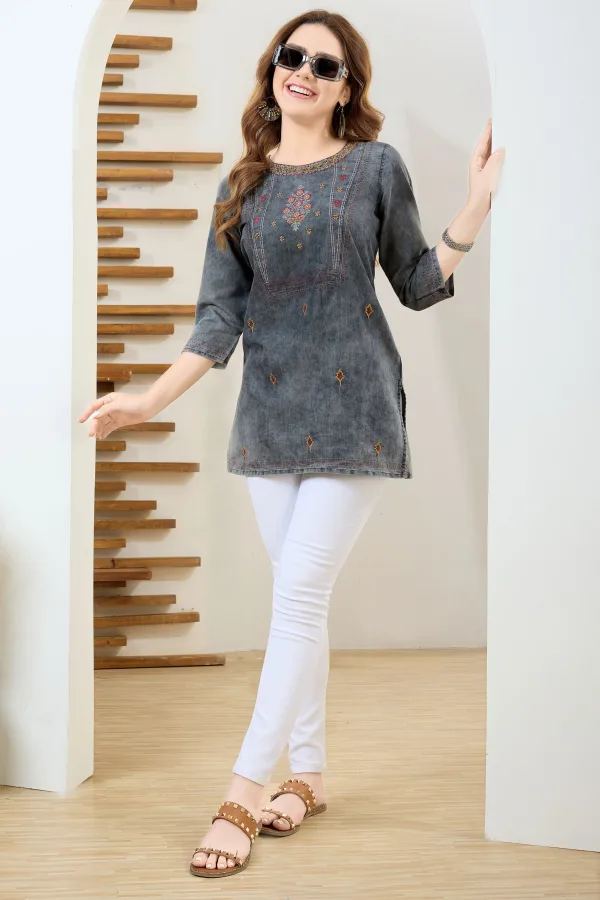 Black Denim Tunic with Hand Embroidery, Round Neck