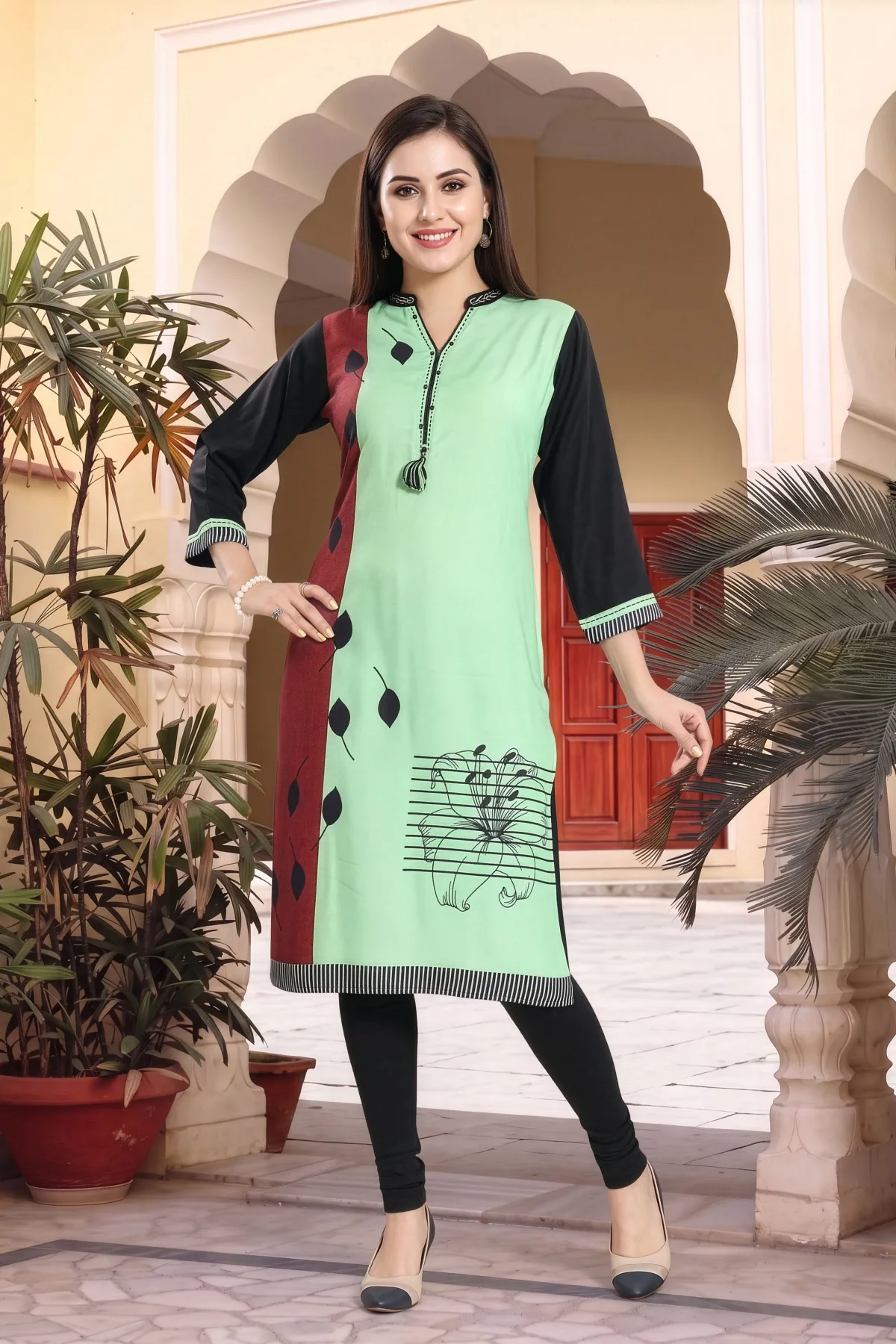 Pista Rayon Ban Collar Placement Print Long Kurti
