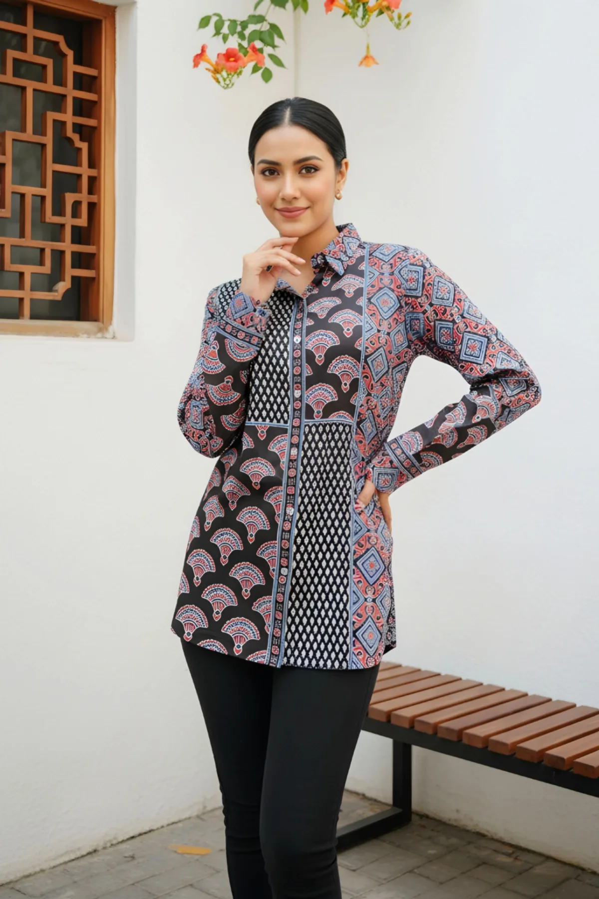 Black Modal Azrakh Print Shirt Style Kurti Top