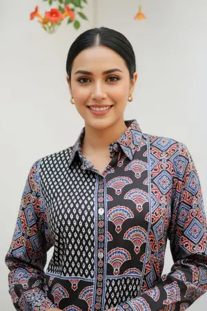 Black Modal Azrakh Print Shirt Style Kurti Top - photo 3
