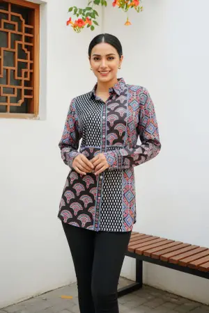 Black Modal Azrakh Print Shirt Style Kurti Top - photo 5