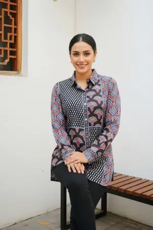 Black Modal Azrakh Print Shirt Style Kurti Top - photo 6