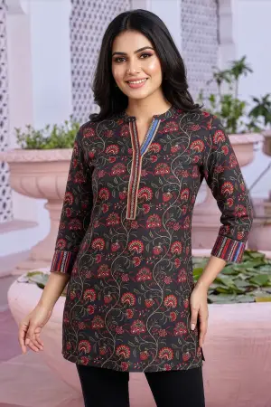 Black Rayon Ban Collar Short Kurti with Printed Cuffs - photo 1