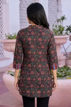 Black Rayon Ban Collar Short Kurti with Printed Cuffs - photo 4