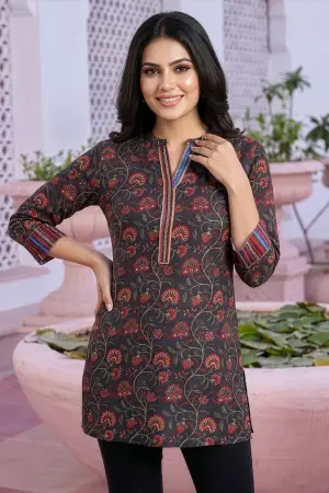 Black Rayon Ban Collar Short Kurti with Printed Cuffs - photo 6