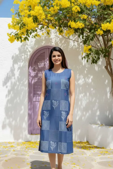 Denim Blue Kurti with Block Print and Embellishment
