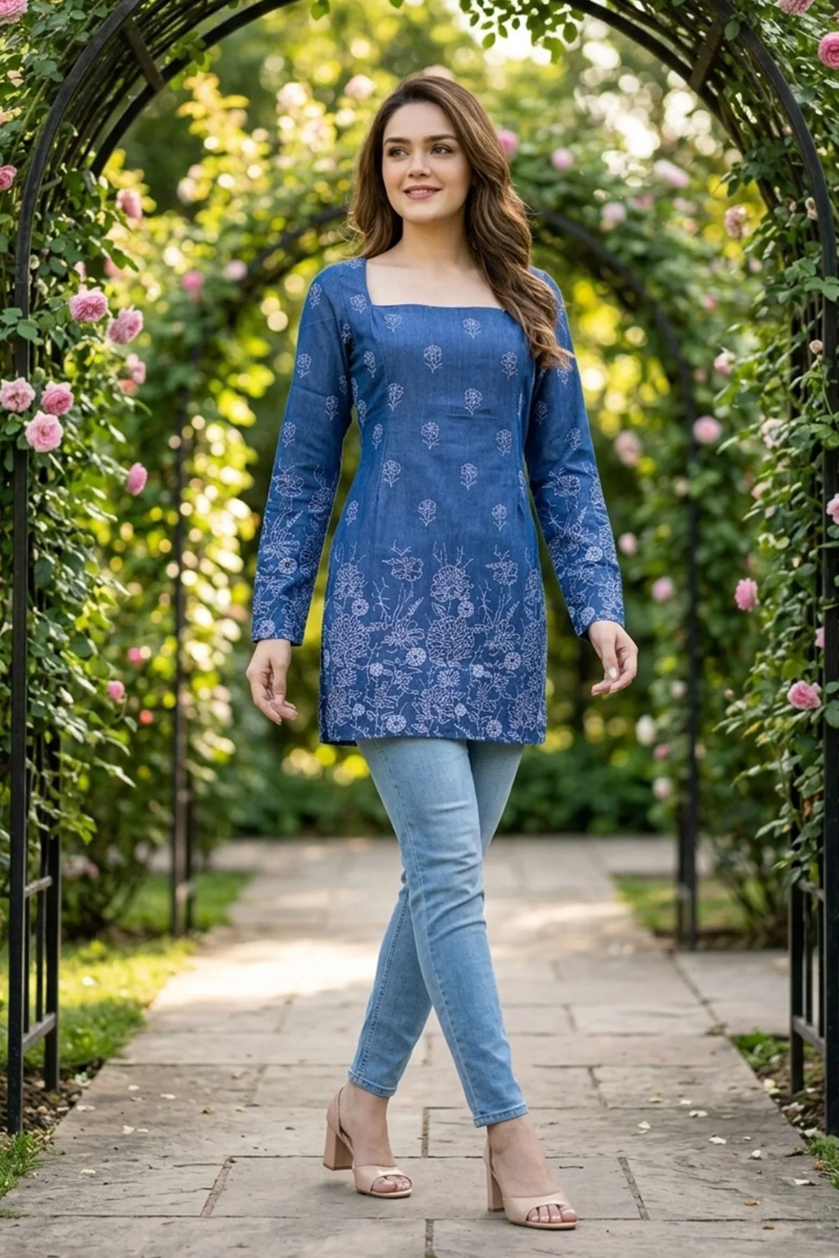 Indigo Blue Denim Short Kurti with Corset Back Tie Up