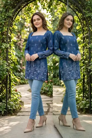 Indigo Blue Denim Short Kurti with Corset Back Tie Up - photo 2