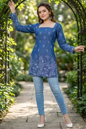 Indigo Blue Denim Short Kurti with Corset Back Tie Up - photo 3