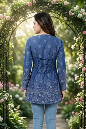 Indigo Blue Denim Short Kurti with Corset Back Tie Up - photo 4