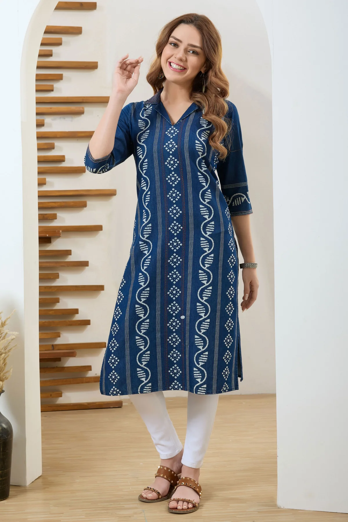 Denim Blue Long Kurta with Thread Work and Coat Collar