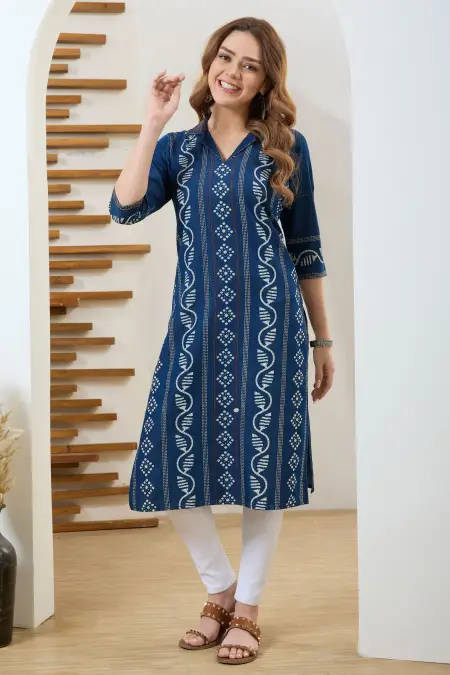 Denim Blue Long Kurta with Thread Work and Coat Collar