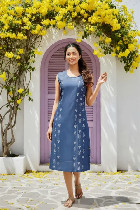 Denim Blue Dress with Geometrical Print and Embellishment