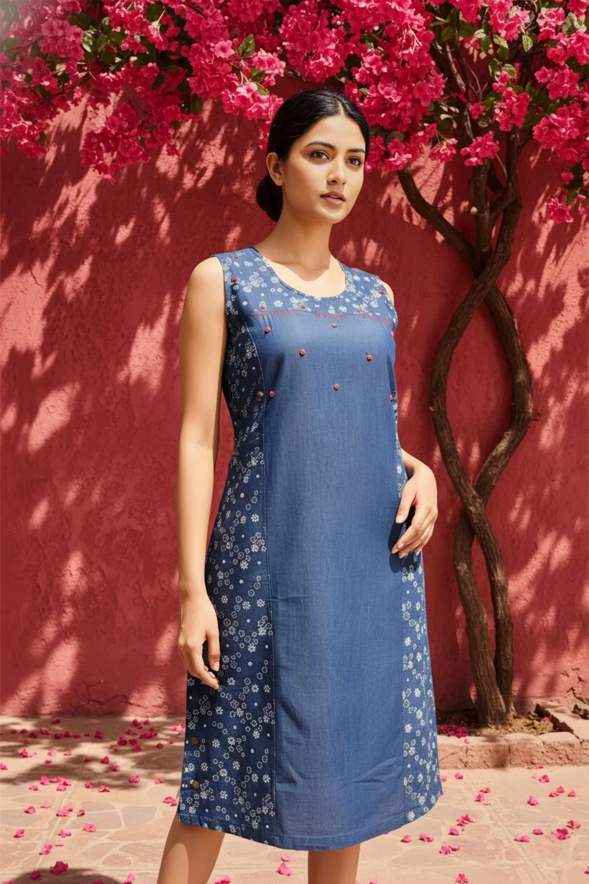Denim Blue Short Kurti With Star Print And Embellishment