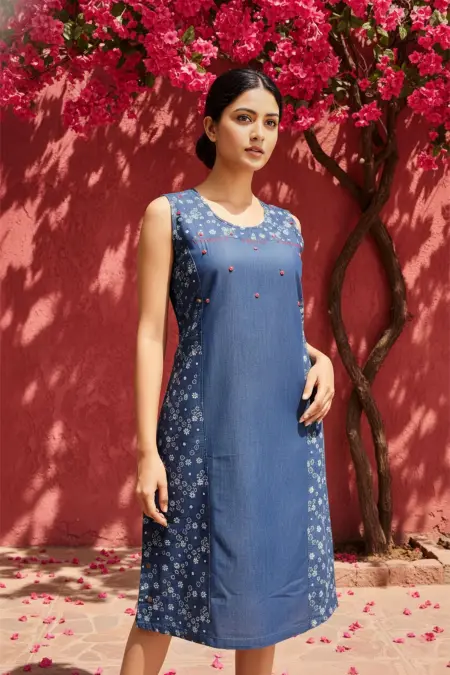 Denim Blue Short Kurti With Star Print And Embellishment