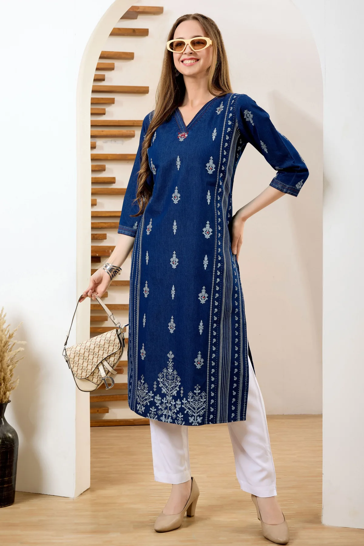 Denim Blue V Neck Long Kurta with Ethnic Print