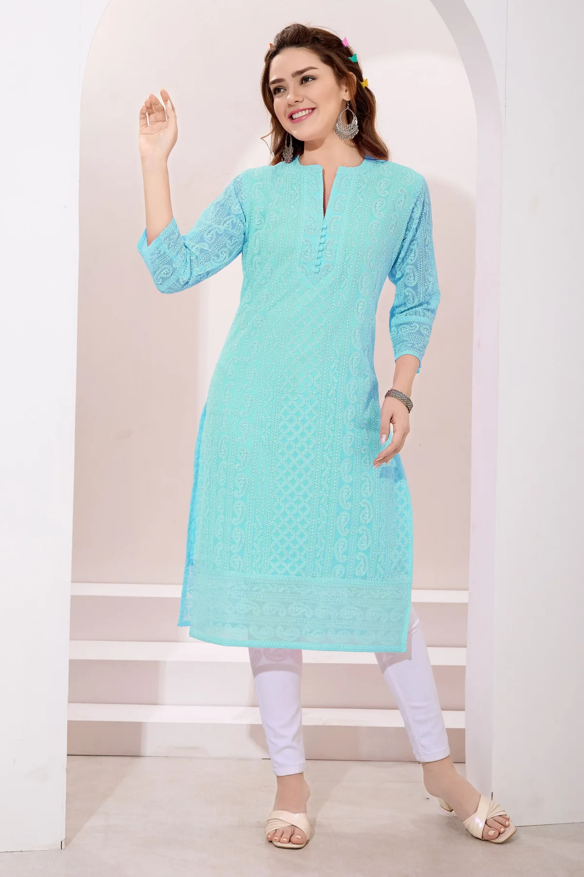 Light Phirozi Fine Georgette Chicken Embroidery Kurta